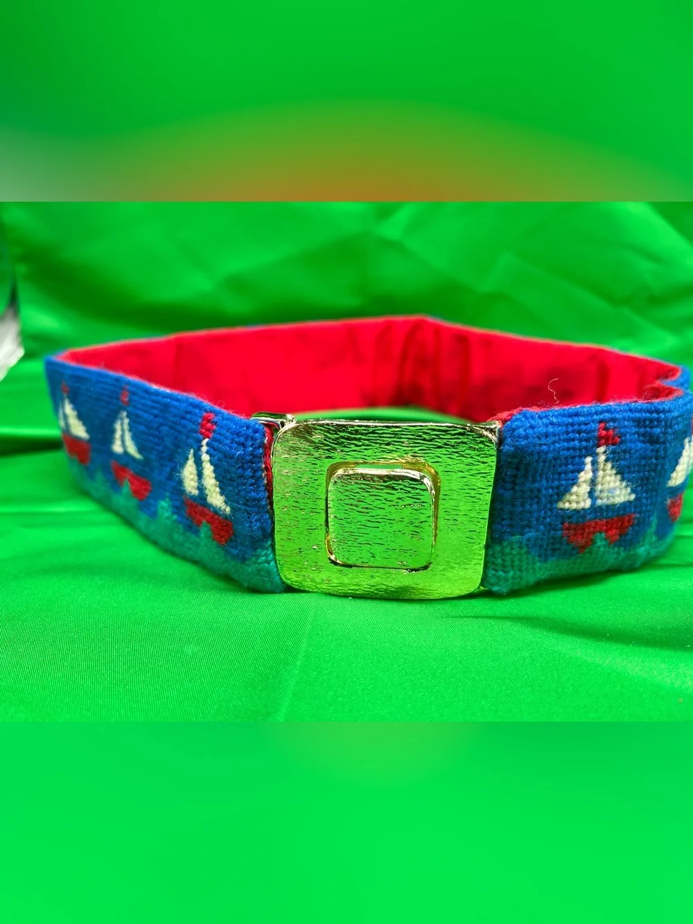Kids Blue Sailboat Embroidered Belt with Red Lining